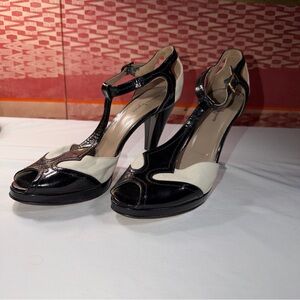 Nannette Lepore Black Patton Leather &‎ Canvas Heels 10 B Gatsby Inspired Italy
